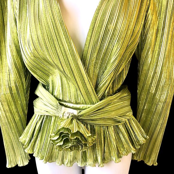 Vintage 80's Metallic Peridot Accordian Pleats Evening Blouse Belt Flower - Picture 6 of 14